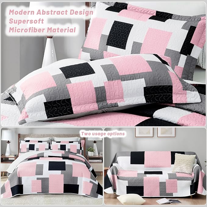 Tyrot 2 Piece Pink Grey Quilt Set Twin Size Pink Gray White Geometric - Image 3