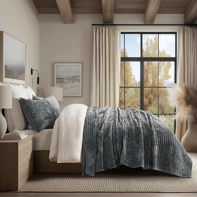 EVERGRACE Velvet Quilt Set Queen Size, Luxurious Soft Striped Channel Bedding - Image 3