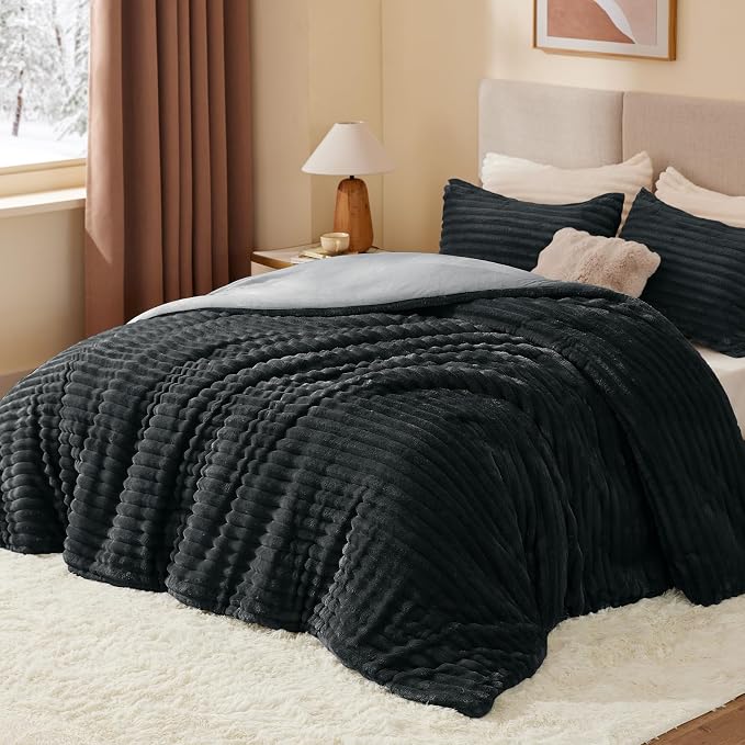 BEDELITE Fleece Full Comforter Set -Super Soft & Warm Fluffy Black Bedding - Image 2