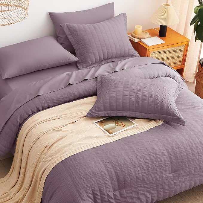 CozyLux King Size Comforter Set Dusty Purple Seersucker 7 Pieces Bed in a Bag - Image 6