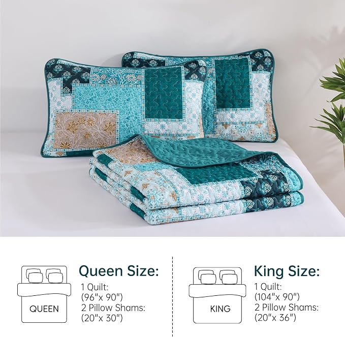 Xruibed Teal Quilt Set King Size 3 Pieces Plaid Floral Boho Bedspread Coverlet - Image 9