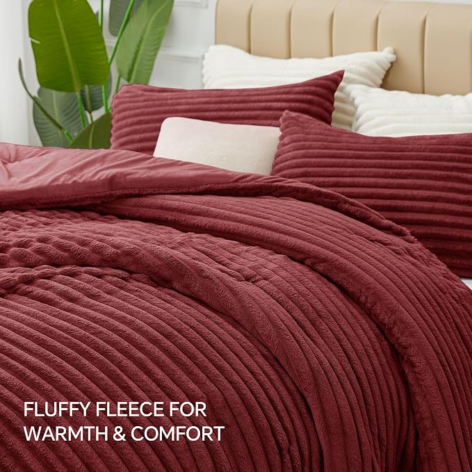 BEDELITE Fleece King Comforter Set -Super Soft & Warm Fluffy Burgundy Bedding - Image 6