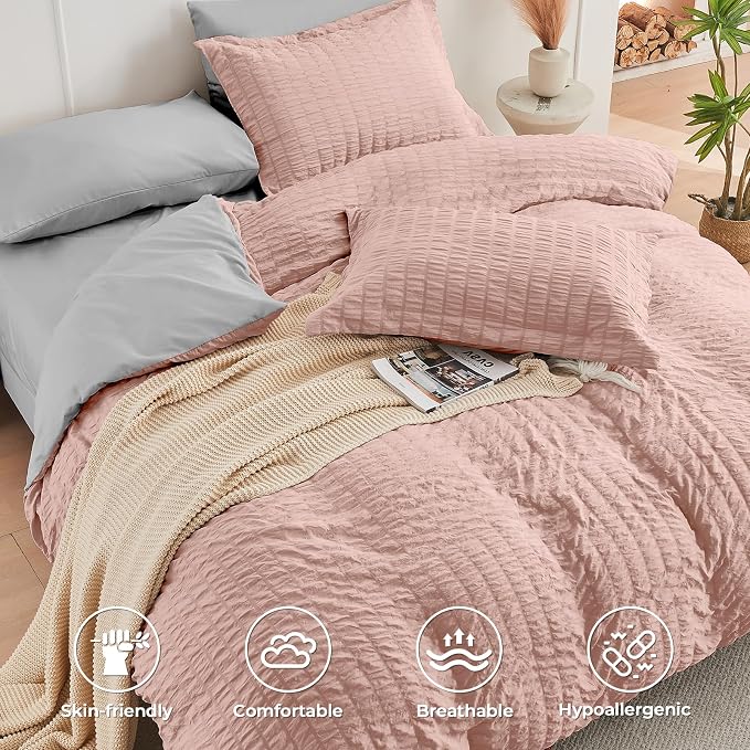 HYMOKEGE Rose Gold/Light Grey Twin XL Comforter Set Seersucker 5 Pieces - Image 3