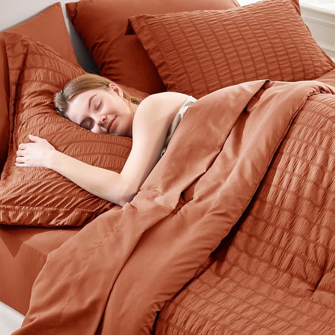 CozyLux King Size Comforter Set Burnt Orange Seersucker 7 Pieces Bed in a Bag - Image 5