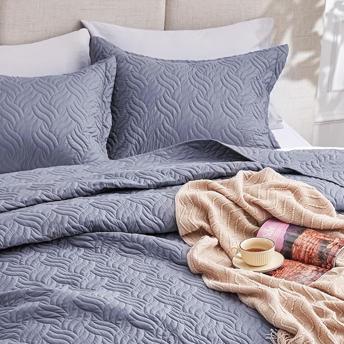 Love's cabin King Size Quilt Bedding Set Bluish Grey Bedspreads - Image 7