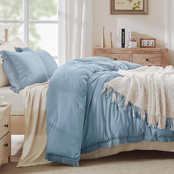 Andency Grayish Blue Comforter Set Twin Size, 2 Pieces Boho Tassel Lightweight - Image 2