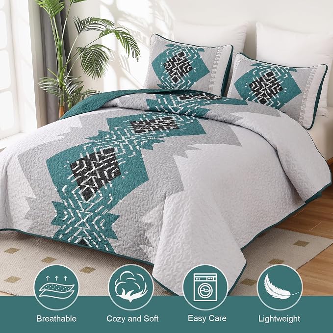 Dintszyayue Boho Quilt Set King 3 Pieces Teal Aztec Texture Bedspread Coverlet - Image 2