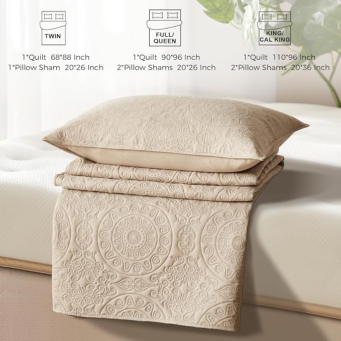 WURUIBO Beige Quilt Set Twin Size, Embossing Microfiber Bedspreads - Image 7