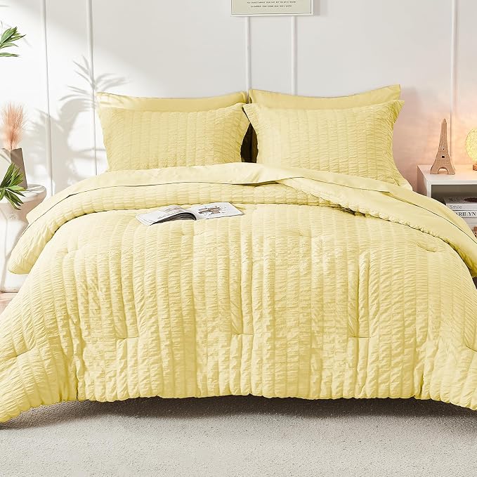 HYMOKEGE Yellow Queen Comforter Set Seersucker 7 Pieces, All Season Luxury Bed - Image 8