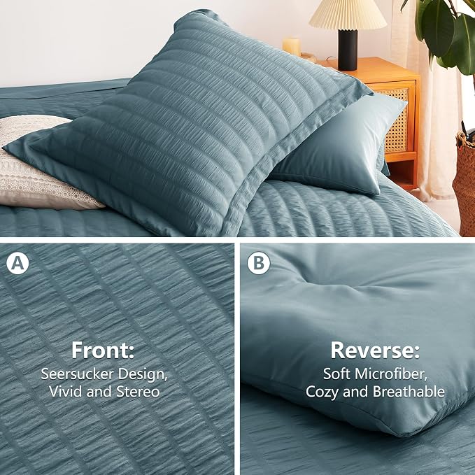 CozyLux Oversized King Comforter Set Mineral Blue Seersucker 7 Pieces 120x98 - Image 4