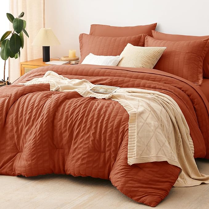CozyLux Queen Comforter Set Burnt Orange Seersucker 7 Pieces Bed in a Bag Queen by CozyLux