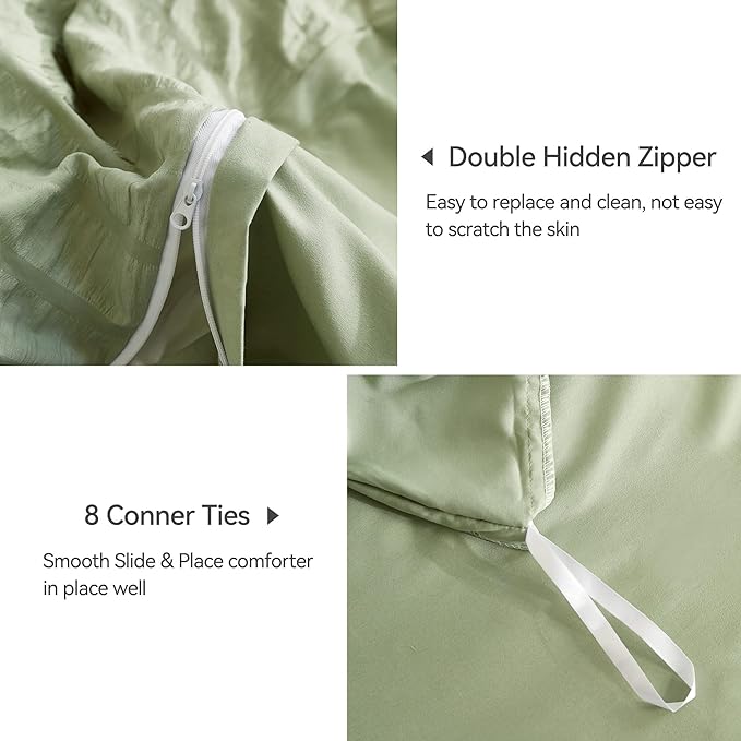 JELLYMONI Light Green Duvet Cover Queen Size, Soft Breathable Seersucker Duvet - Image 5