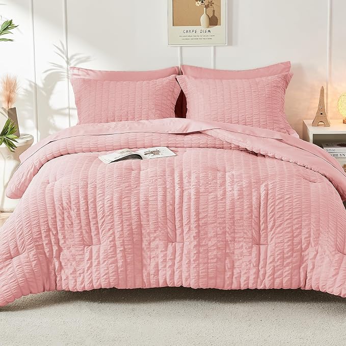 HYMOKEGE Rose Pink King Size Comforter Set Seersucker 7 Pieces, All Season - Image 8