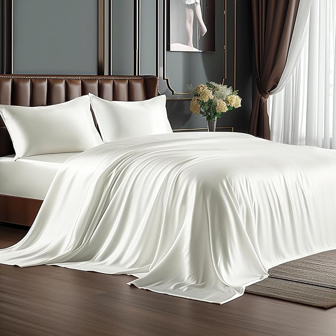 BEDELITE Satin Sheets Queen Size Bed Set, Luxury Soft Ivory White Silky Sheets by BEDELITE
