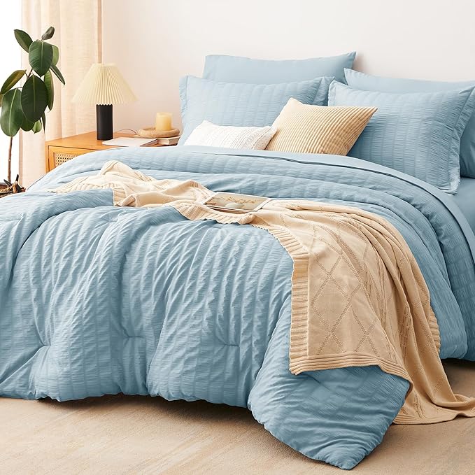 CozyLux Queen Comforter Set Light Blue Seersucker 7 Pieces Bed in a Bag Queen by CozyLux
