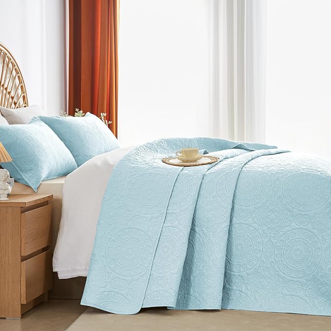 WURUIBO Sky Blue Quilt Set Queen Size, Embossing Microfiber Full Bedspreads - Image 2