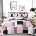 Tyrot 3 Piece Pink Grey Quilt Set Full/Queen Size Pink Gray White Geometric by TyrotHomeDecor