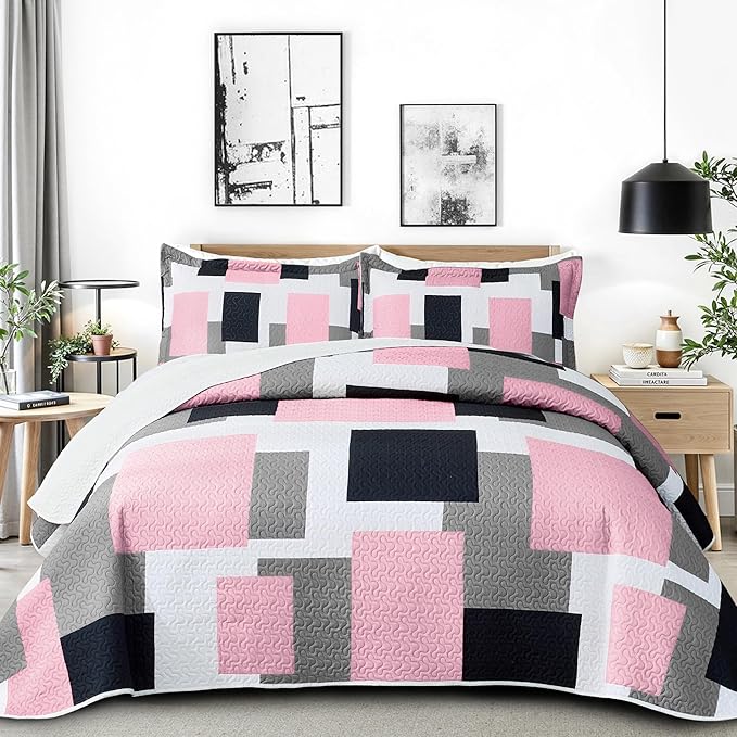 Tyrot 3 Piece Pink Grey Quilt Set King Size Pink Gray White Geometric by TyrotHomeDecor