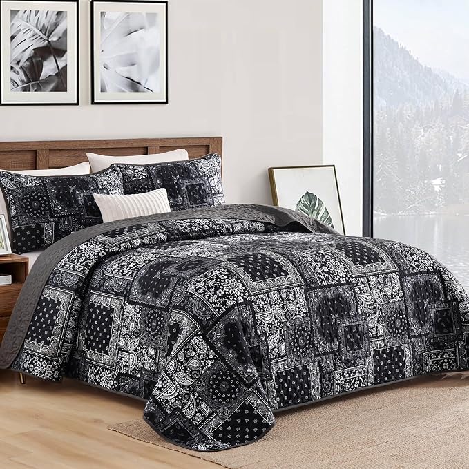 Cottolester Boho Patchwork Quilt Set Queen Size, Paisley Floral Bedding Set - Image 2