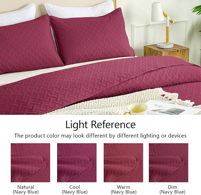 FLYMME Twin Quilt Set, Lightweight Burgundy Bedspreads, Basket Weave Pattern - Image 5