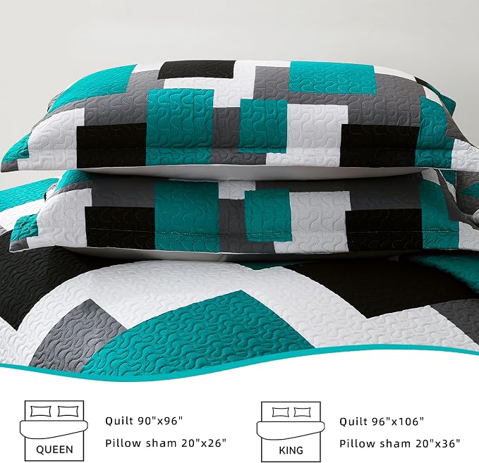 Tyrot 3 Piece Teal/Turquoise Quilt Set California King Size Black Grey - Image 7