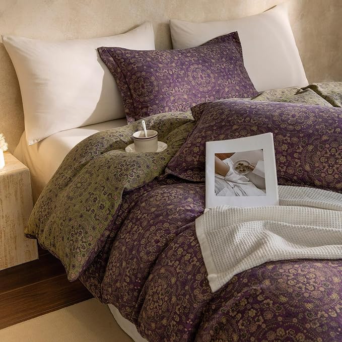 mixinni Purple Green Floral Duvet Cover King Size, Elegant Double-Layer Yarn - Image 2