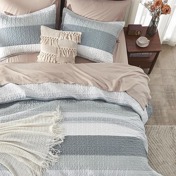 Andency Grey Striped Quilt King, 3 Pieces Patchwork Bedspread Coverlet Set - Image 6