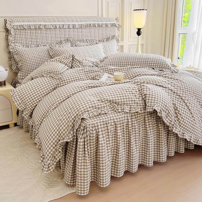 mixinni Tan Gingham Ruffle Duvet Cover Twin XL Size 3 Pieces – 100% Washed - Image 4