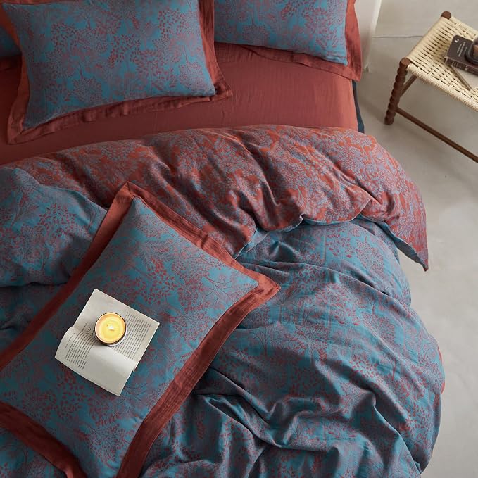mixinni Muslin Cotton Vintage Blue Floral Duvet Cover Queen Size 3pcs Yarn Dyed - Image 4