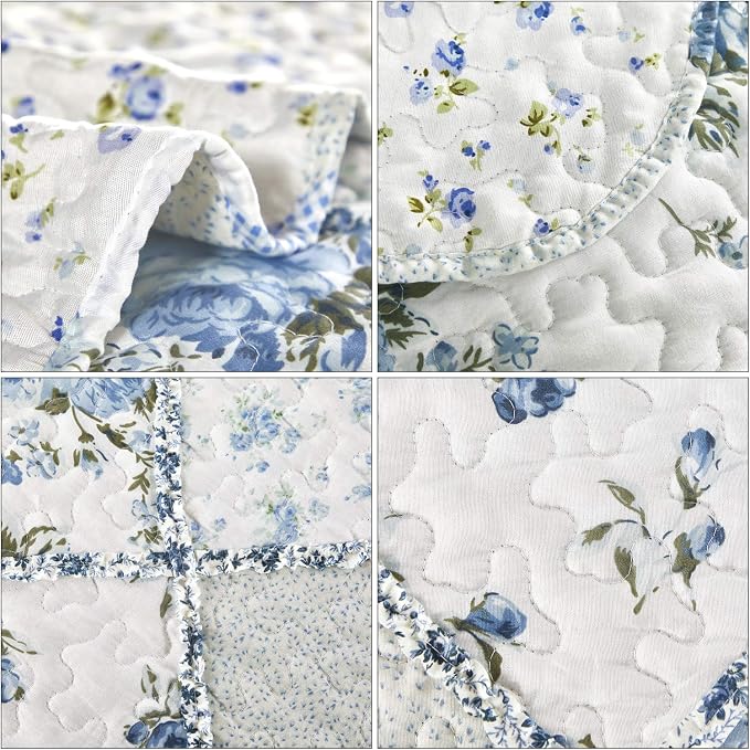 VIVILINEN Blue Floral Patchwork Quilt Set King Size Reversible Quilted Bedding - Image 7