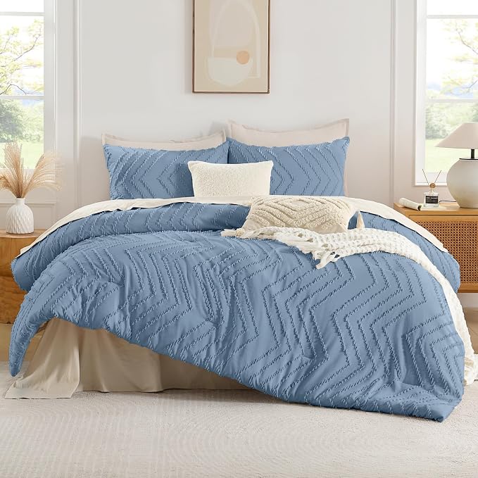 Andency Greyish Blue Comforter Set Queen Size, Boho Soft Warm Tufted Bedding - Image 2