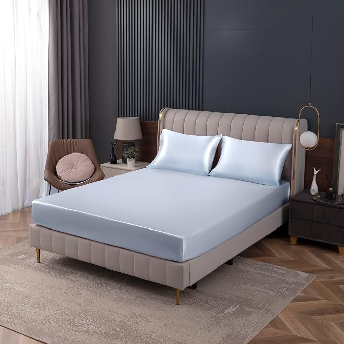 Homiest Baby Blue Satin Fitted Sheet Queen Size, Deep Pocket, Luxury & Ultra - Image 8