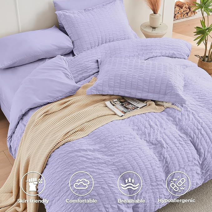 HYMOKEGE Light Purple California King Comforter Set Seersucker 7 Pieces - Image 3