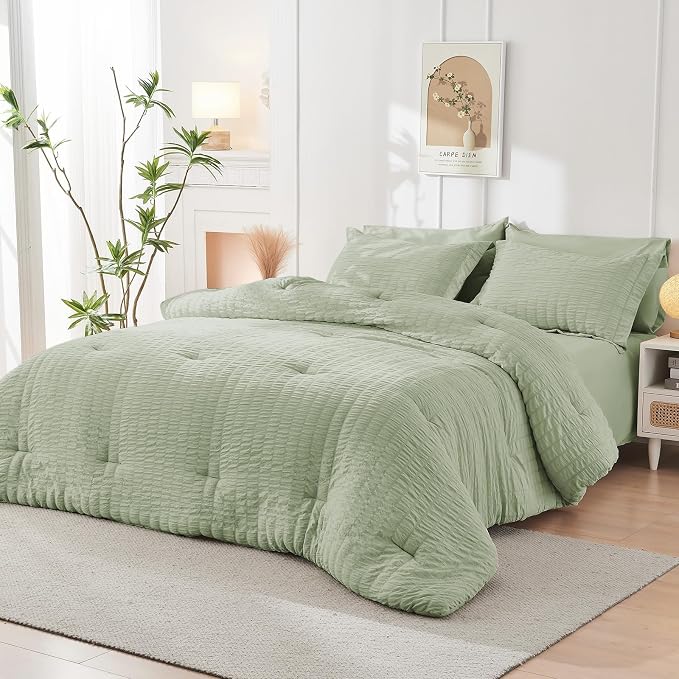 HYMOKEGE Light Green Queen Comforter Set Seersucker 7 Pieces, All Season Luxury - Image 8