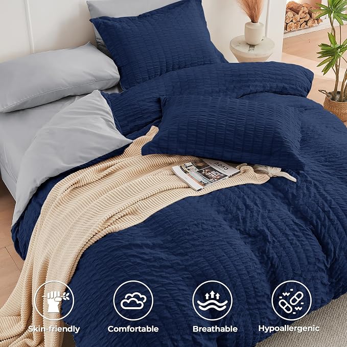 HYMOKEGE Navy Blue/Light Grey Twin XL Comforter Set Seersucker 5 Pieces - Image 3