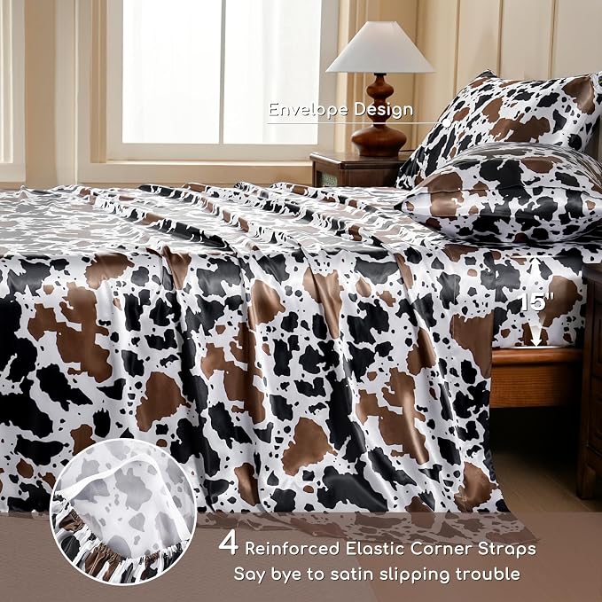 MR&HM Satin Bed Sheets with Elastic Corner Straps, Queen Size Sheets Set - Image 5