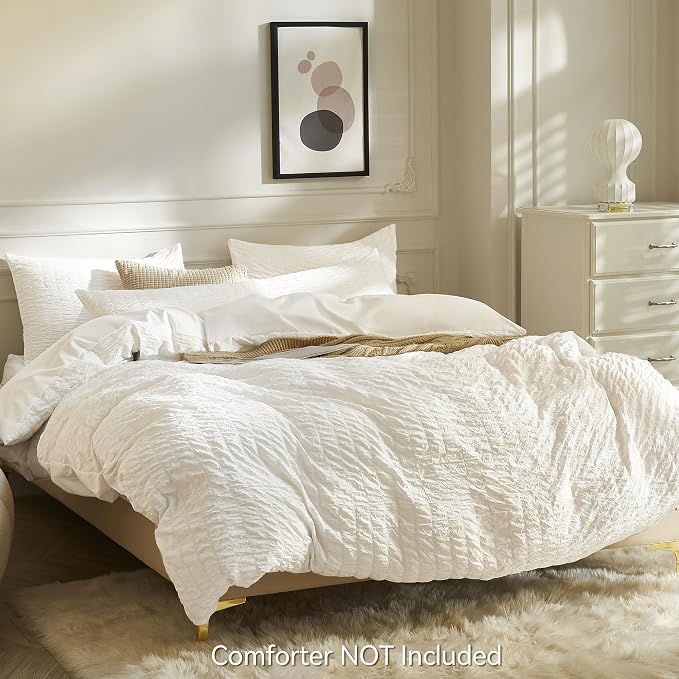 JELLYMONI White Duvet Cover Twin Size, Soft Breathable Seersucker Duvet Cover - Image 3