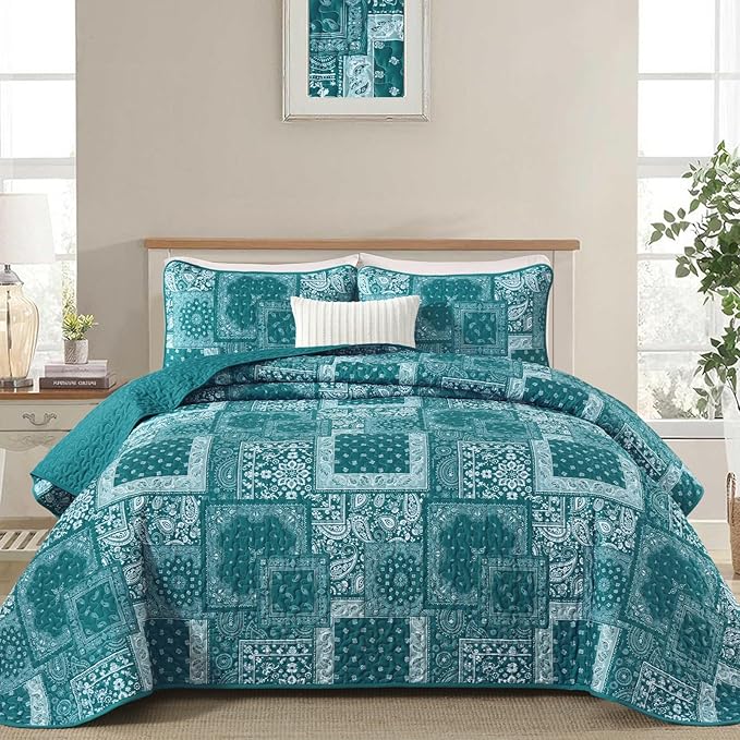 Cottolester Teal Patchwork Quilt Set King Size, 3 Pieces Boho Paisley Quilt Set by Cottolester