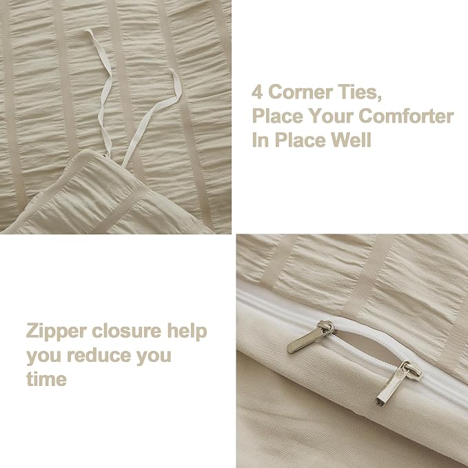AveLom Beige Seersucker Duvet Cover Set Full Size, 3 Pieces, Ultra Soft Washed - Image 4