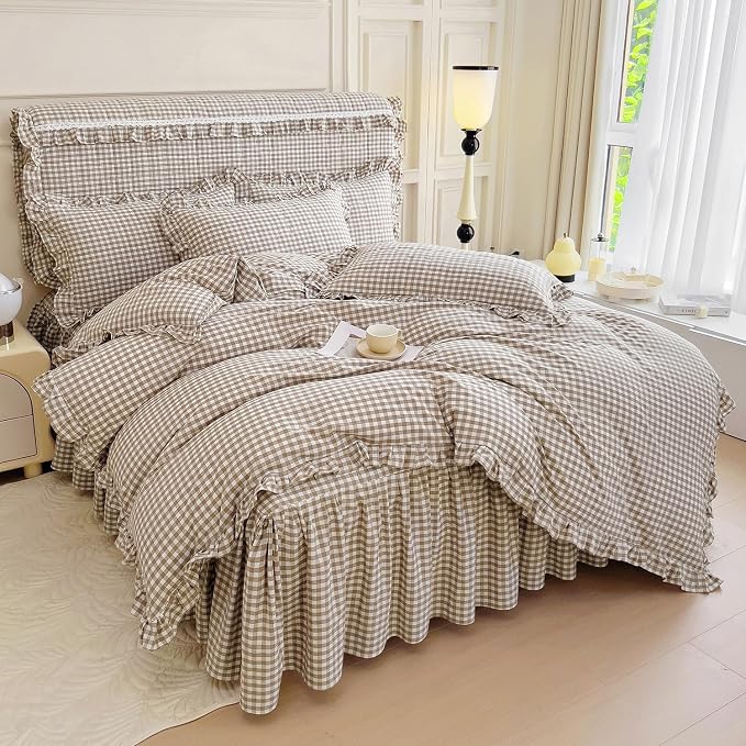 mixinni Tan Gingham Ruffle Duvet Cover Full Size 3 Pieces – 100% Washed Cotton - Image 6