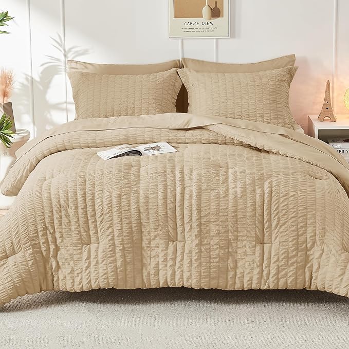 HYMOKEGE Khaki King Size Comforter Set Seersucker 7 Pieces, All Season Luxury - Image 9
