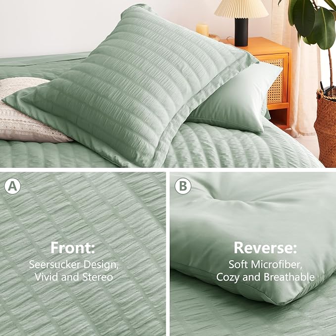 CozyLux Queen Comforter Set Sage Green Seersucker 7 Pieces Bed in a Bag Queen - Image 4