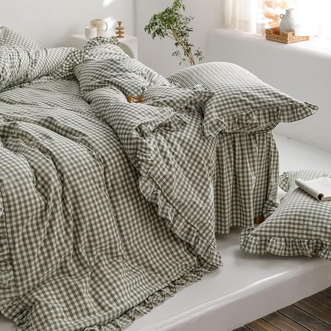 mixinni Green Ruffle Duvet Cover King Size 3 Pieces – 100% Washed Cotton - Image 9