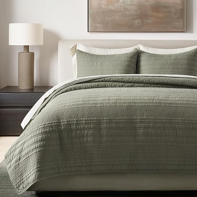 EVERGRACEHOME 100% Cotton Modern Lines Quilt Set Queen Size, Pre-Washed Soft by EVERGRACEHOME