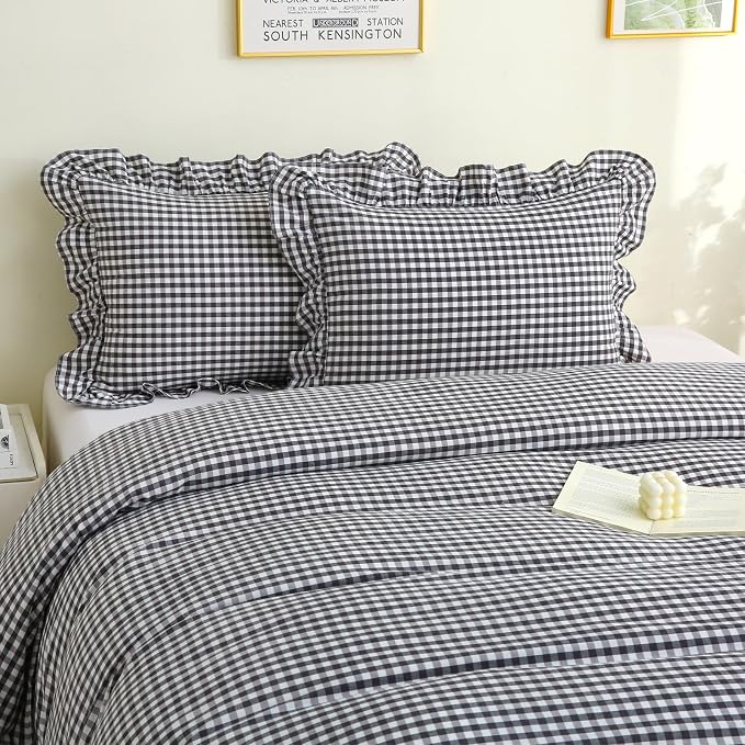 Silnuo Black/White Checkered Ruffle 3-Piece Duvet Cover Set Full Size, Washed - Image 8