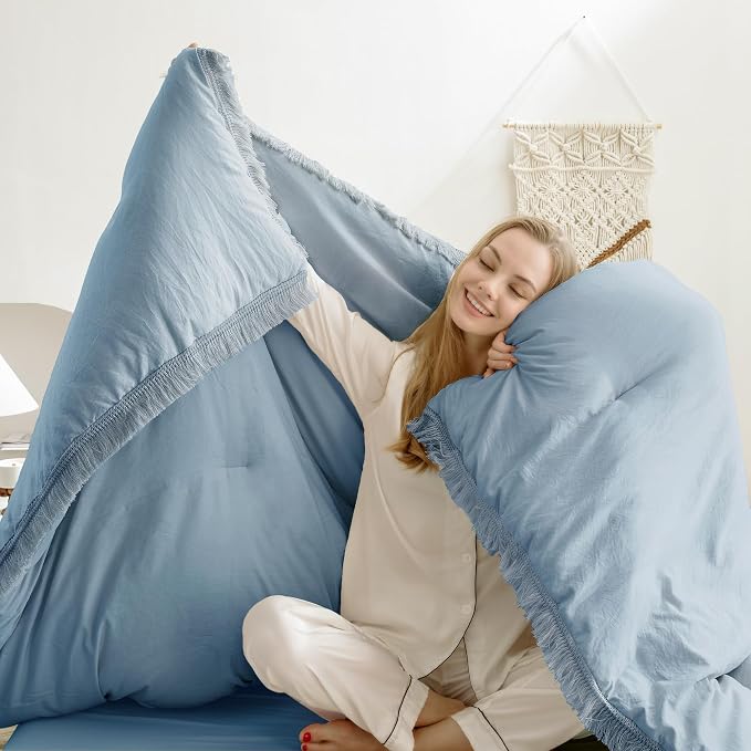 Andency Grayish Blue Comforter Set Full Size, 3 Pieces Boho Tassel Lightweight - Image 3