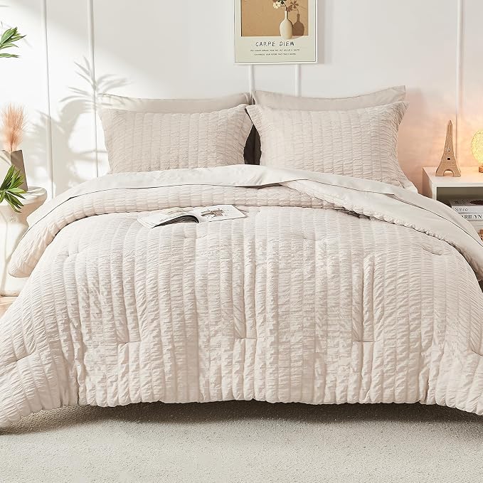 HYMOKEGE Beige Queen Comforter Set Seersucker 7 Pieces, All Season Luxury Bed - Image 9