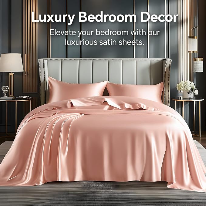 BEDELITE Satin Sheets Twin Size Bed Set, Luxury Soft Coral Pink Silky Sheets - Image 2