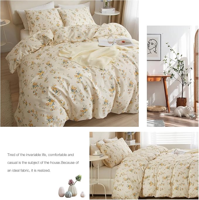 mixinni Aesthetic Floral Duvet Cover Set King Size, Farmhouse Boho Yellow - Image 7