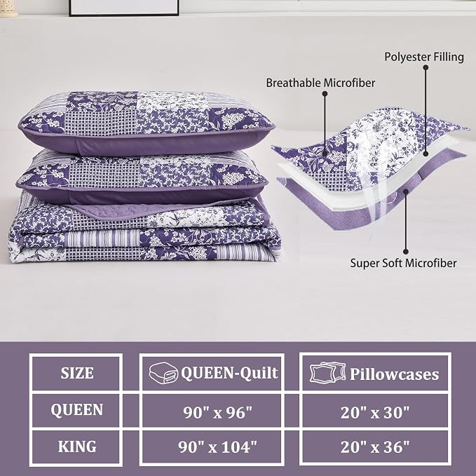 Mybedsoul Purple Quilt Set California King Size, 3 Pieces Boho Plaid Floral - Image 5